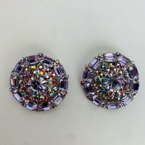 Vintage Lavender Purple Aurora Borealis Statement Clip On Round Earrings